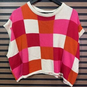 Colorblock Checker Knit Top - Pink/Red/Orange/Cream